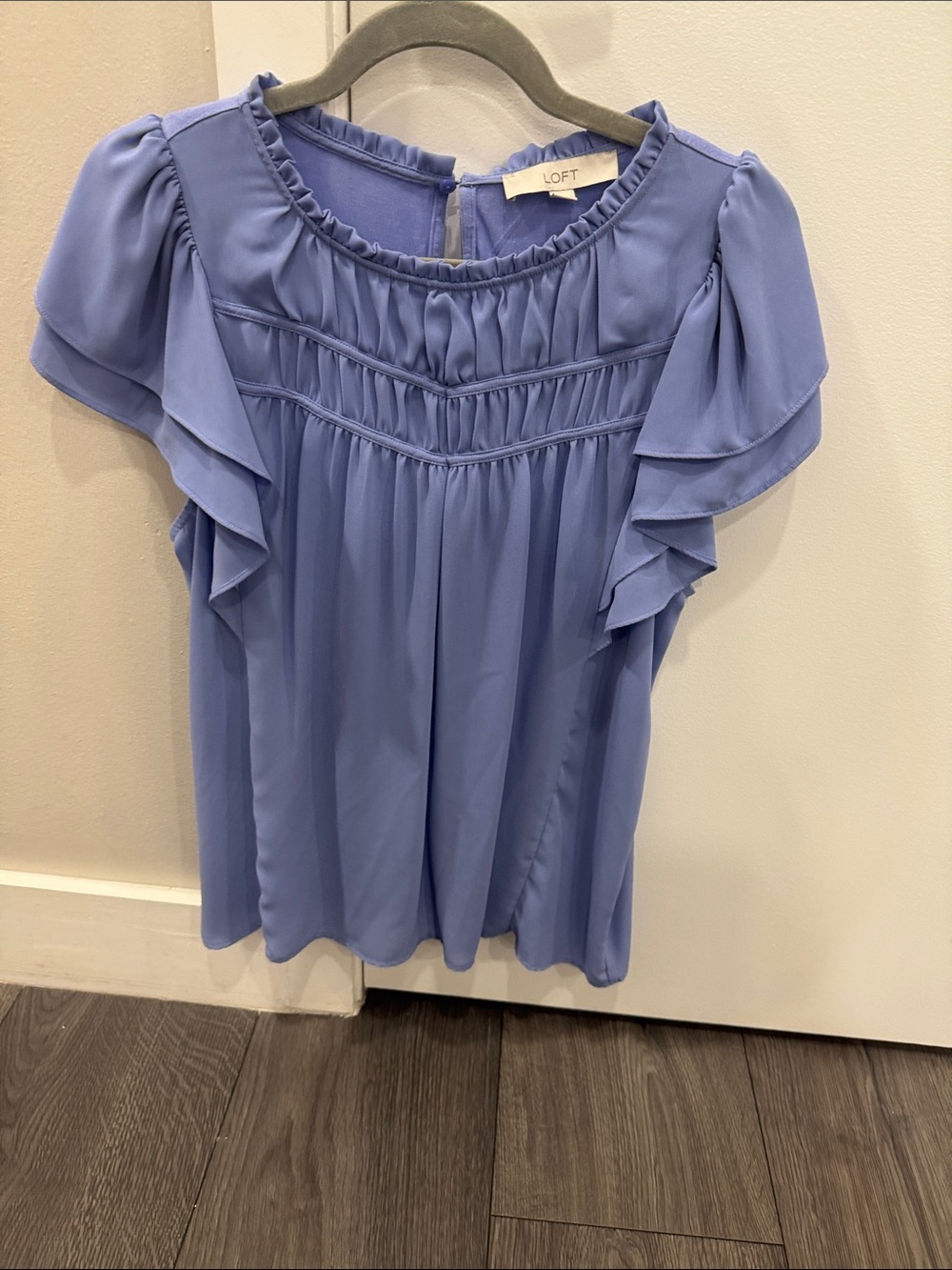 LOFT Periwinkle Ruffle Sleeve Pintuck Blouse